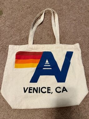Venice, CA Canvas Tote Bag in Cream with Blue and Multicolor Accent